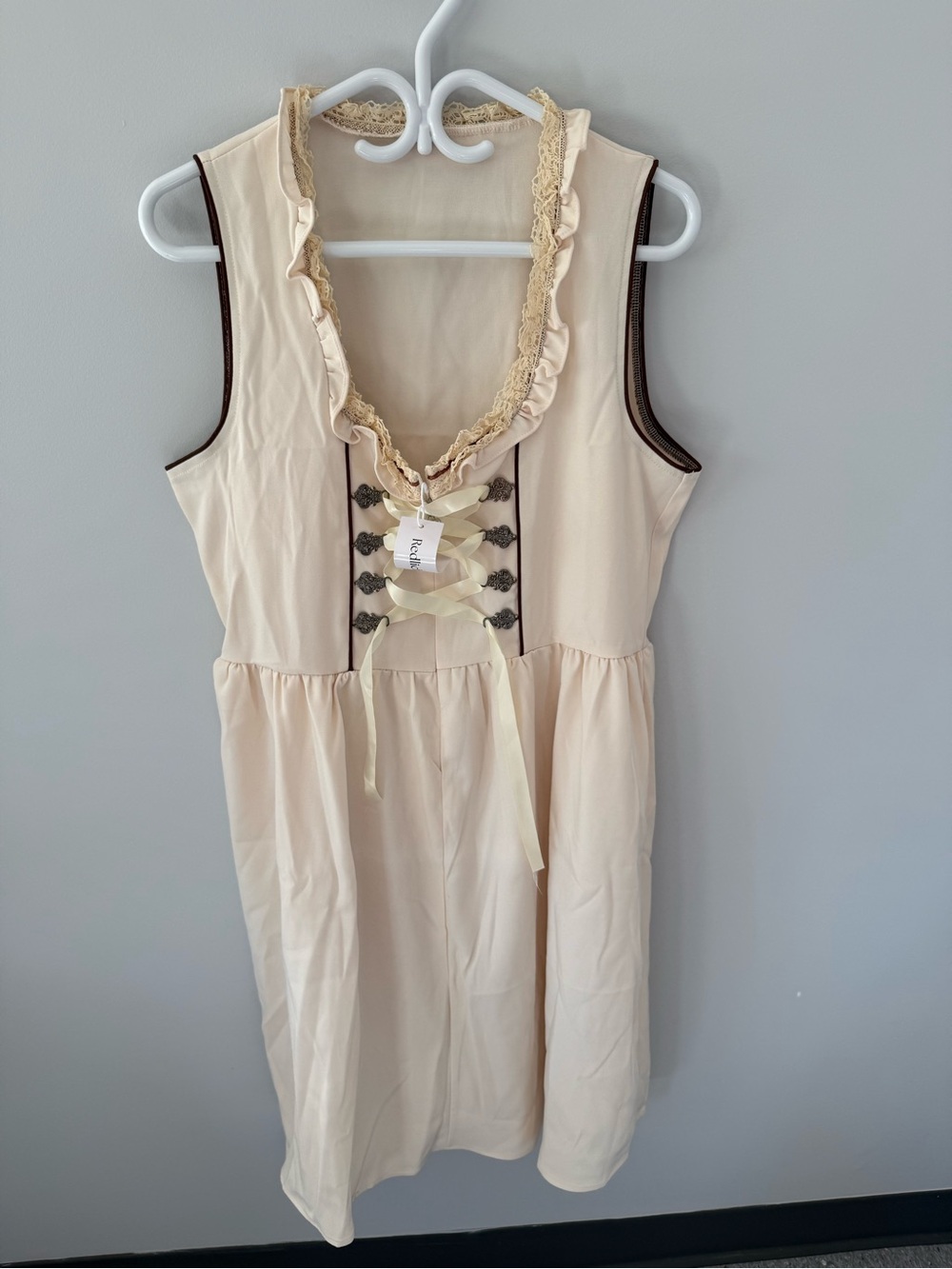 Cream Lace-Trim Sleeveless Midi Dress with Ribbon Front Halloween Costume
